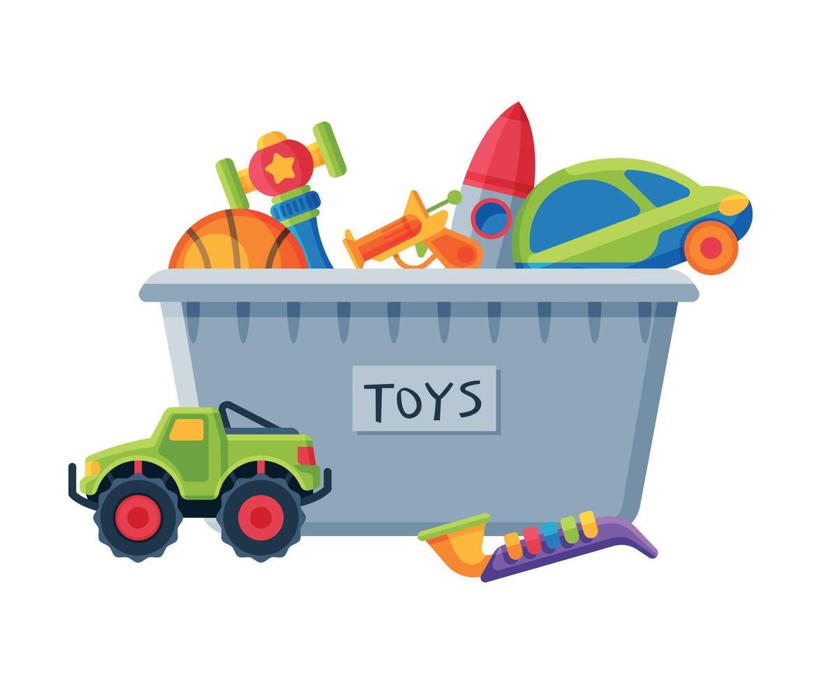 Box with Various Colorful Toys, Plastic Container with Truck, Car, Saxophone, Rocket, Gun Flat Illustration vector