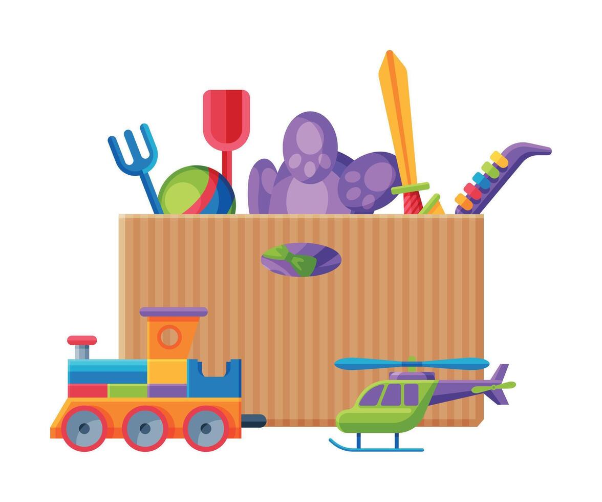 Box with Various Colorful Toys, Plastic Container with Train, Helicopter, Teddy Bear, Saxophone, Sword Flat Illustration vector