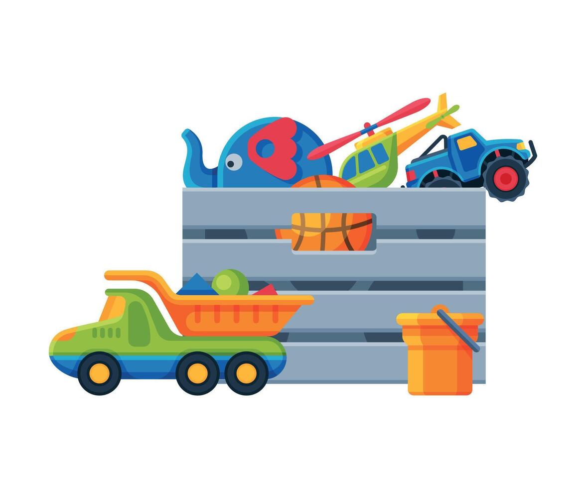 Box with Various Colorful Toys, Plastic Container with Elephant on Wheels, Truck, Helicopter Flat Illustration vector