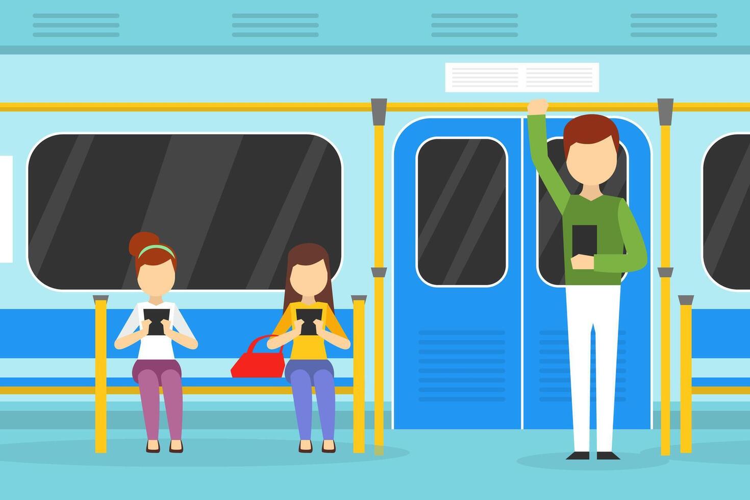 People Using Smartphones in Subway Train, Passengers Using Gadgets in Public Transport Cartoon Illustration vector