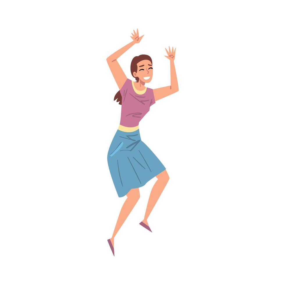 Cheerful Smiling Woman Happily Jumping, Happy Person Character in Casual Clothes Cartoon Style Illustration vector