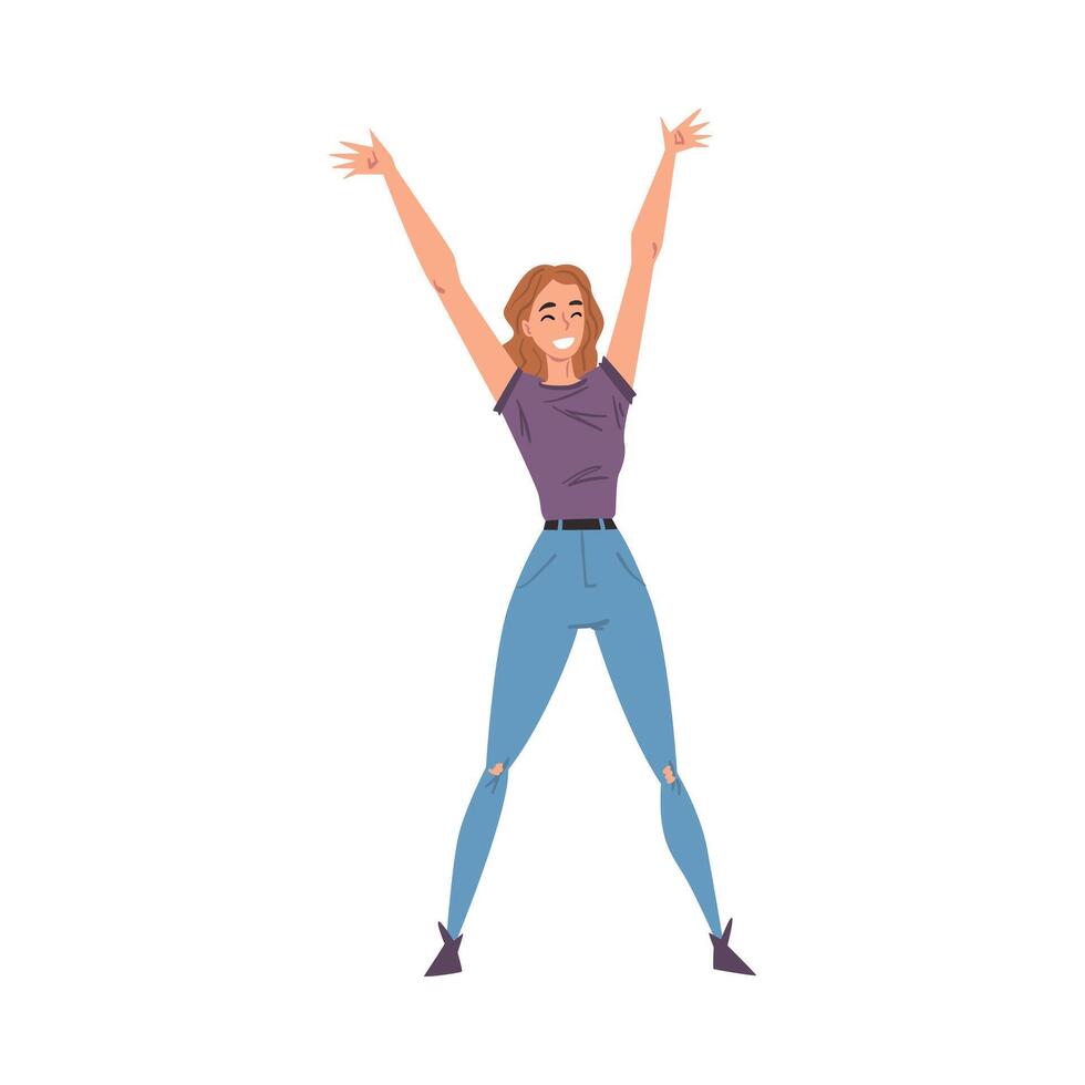 Cheerful Smiling Woman Standing with Raising Hands, Happy Person Character in Casual Clothes Cartoon Style Illustration vector