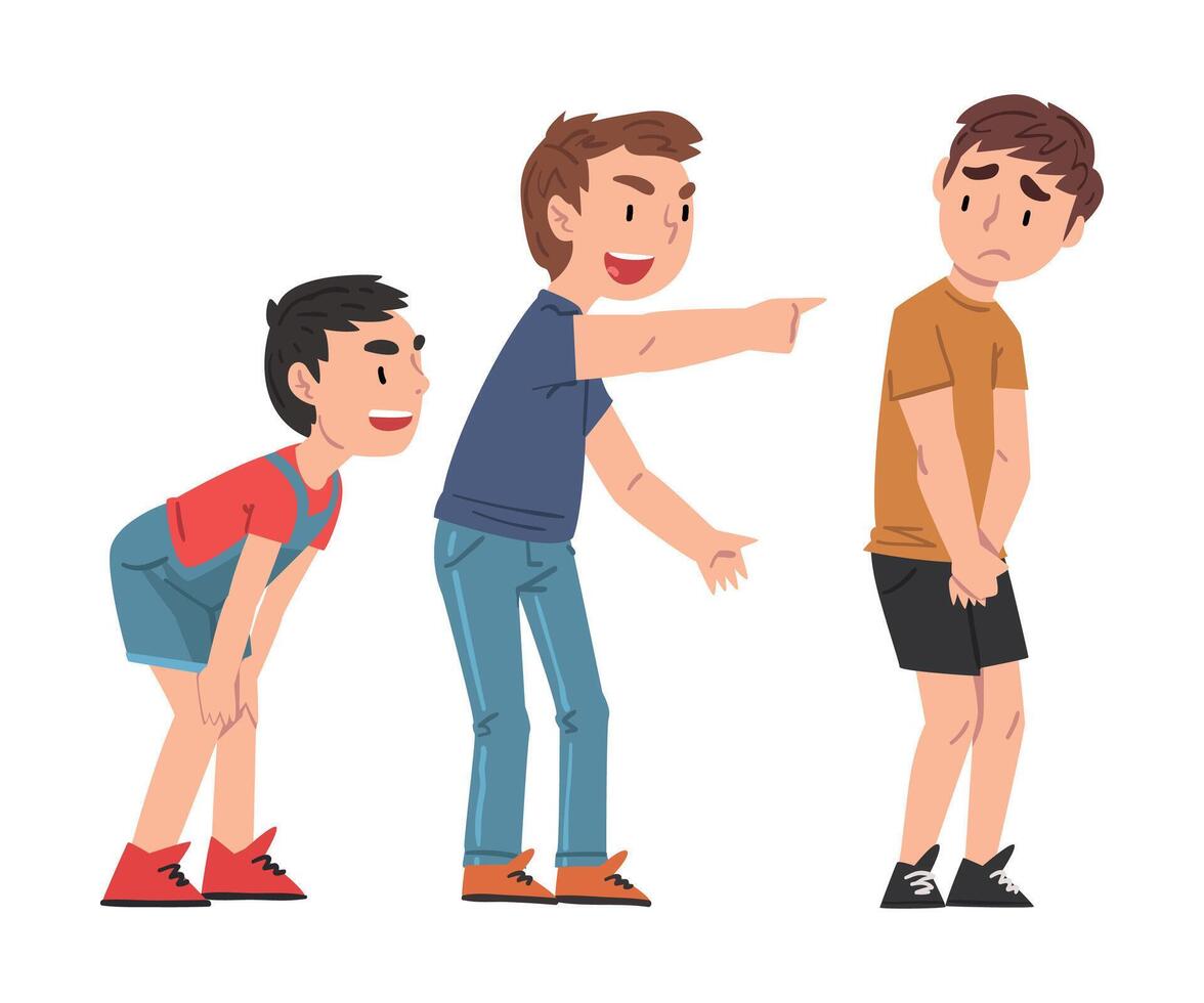 Sad Boy Bullied by Others, Two Boys Mocking, Laughing and Pointing Fingers at Him, Mockery and Bullying at School Problem Cartoon Style Illustration vector