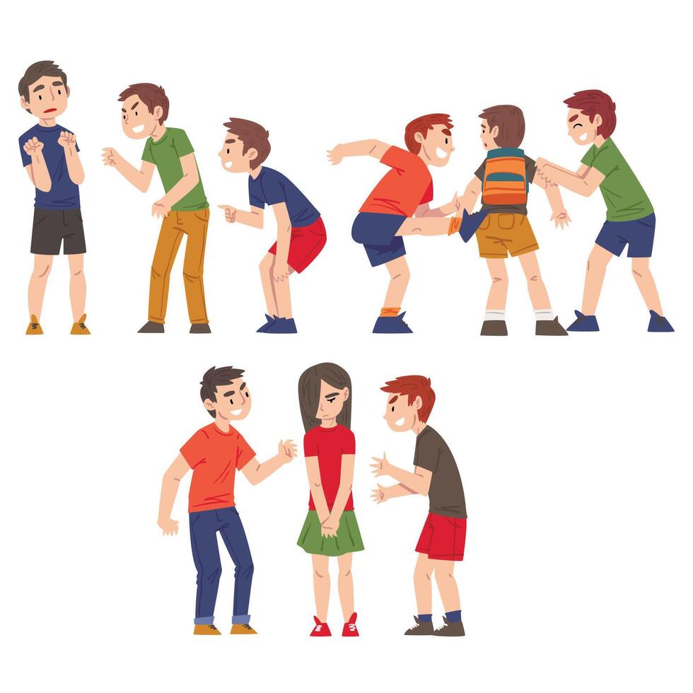 Conflicts Between Children Set, Violent Behavior Among Schoolkids, Mockery and Bullying at School Concept Cartoon Style Illustration vector