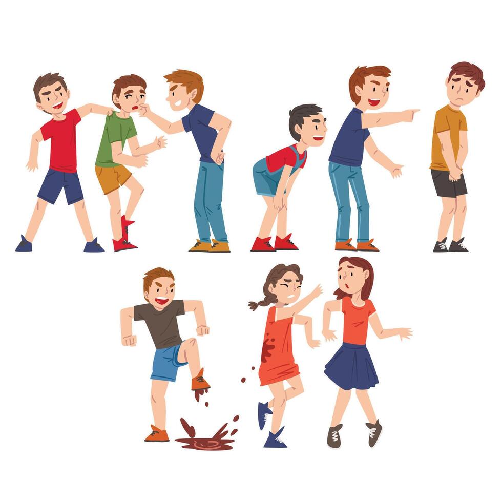 Conflicts Between Children Set, Violent Behavior Among Kids, Mockery and Bullying at School Concept Cartoon Style Illustration vector