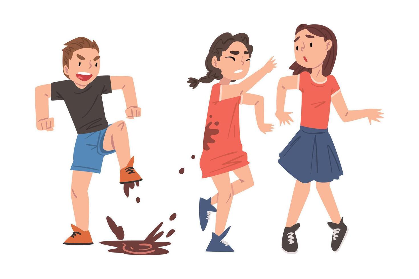 Bully Boy Jumping into Puddle and Dirtying Girls with Mud, Mockery and Bullying at School Concept Cartoon Style Illustration vector