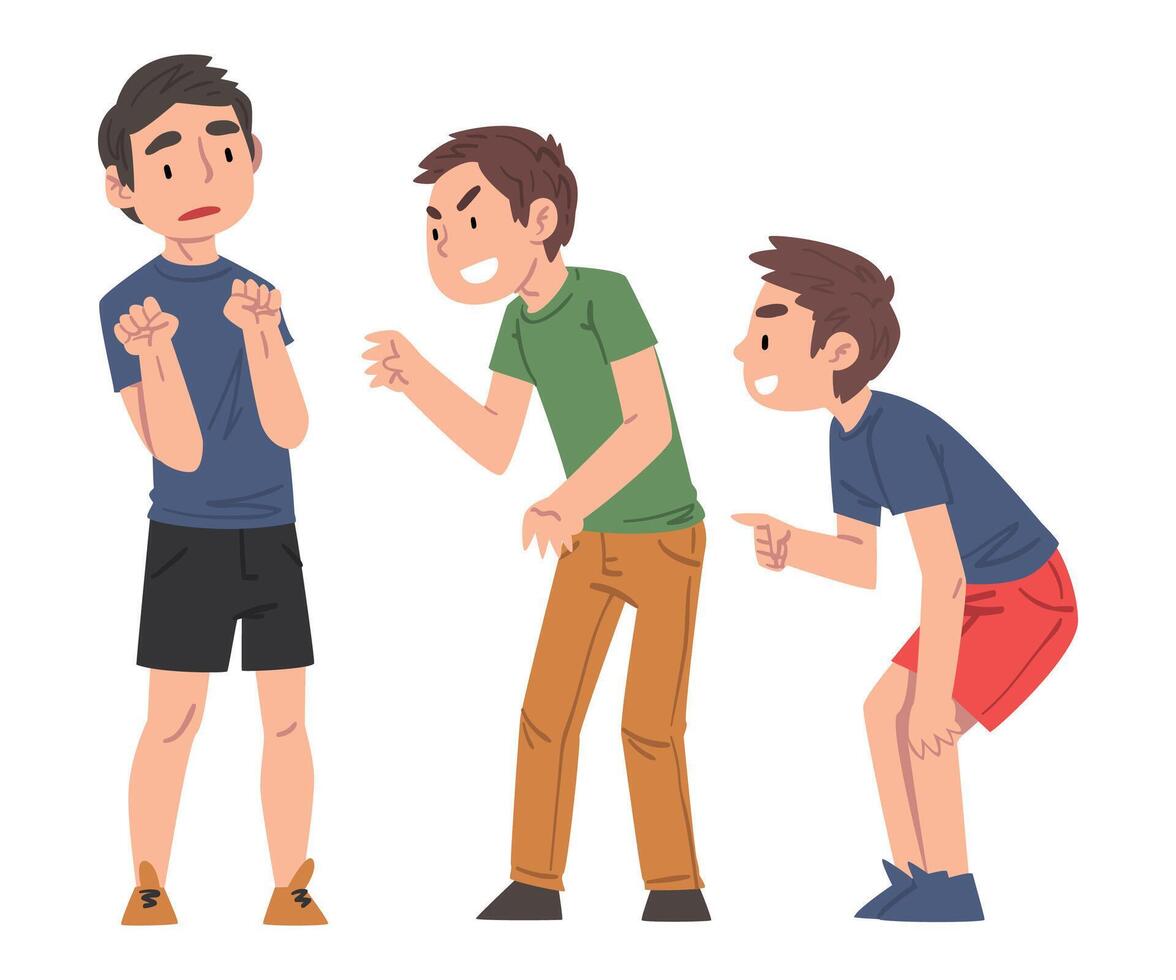Sad Boy Bullied by Classmates, Two Boys Mocking, Laughing and Pointing Fingers Him, Mockery and Bullying at School Problem Cartoon Style Illustration vector