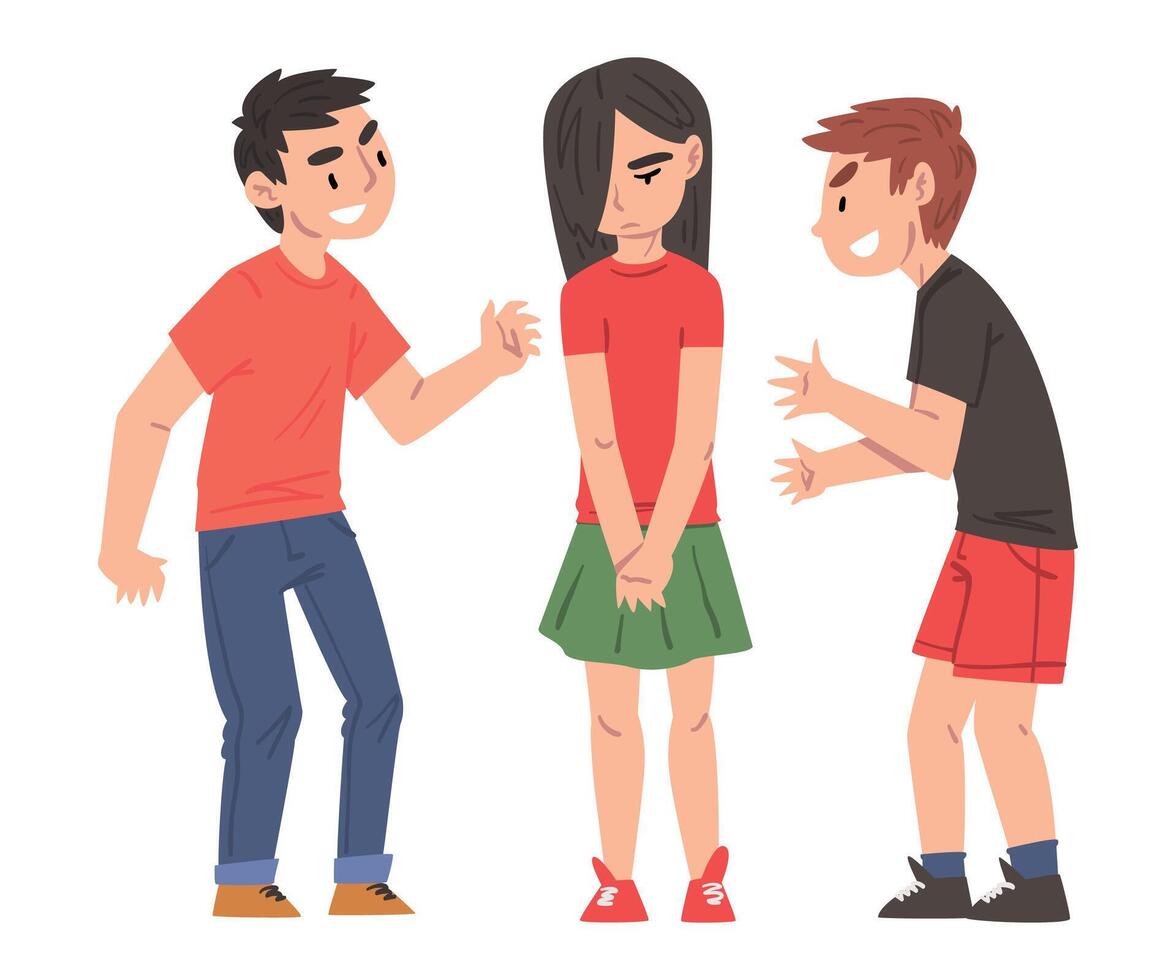 Sad Girl Bullied by Classmates, Two Boys Mocking Her, Pointing Fingers and Laughing, Mockery and Bullying at School Problem Cartoon Style Illustration vector