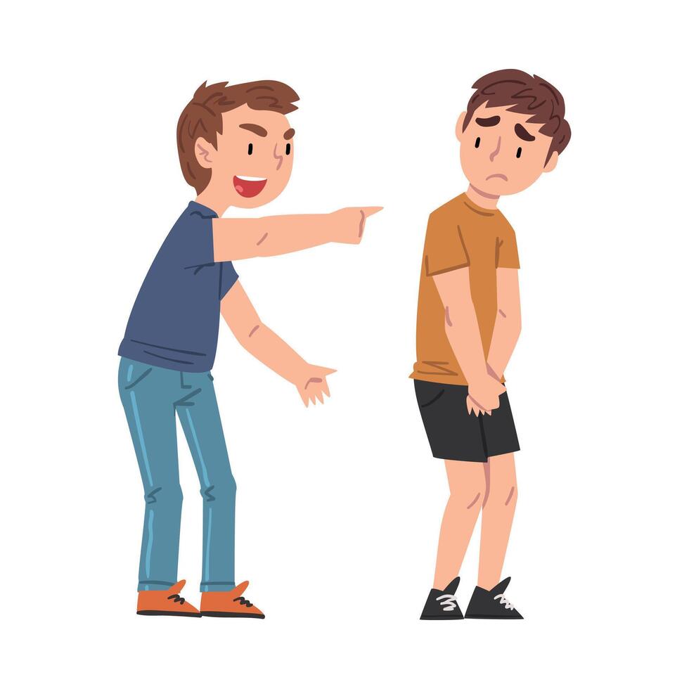 Boy Bullying, Mocking and Pointing Finger at Weaker, Mockery and Bullying at School Concept Cartoon Style Illustration vector
