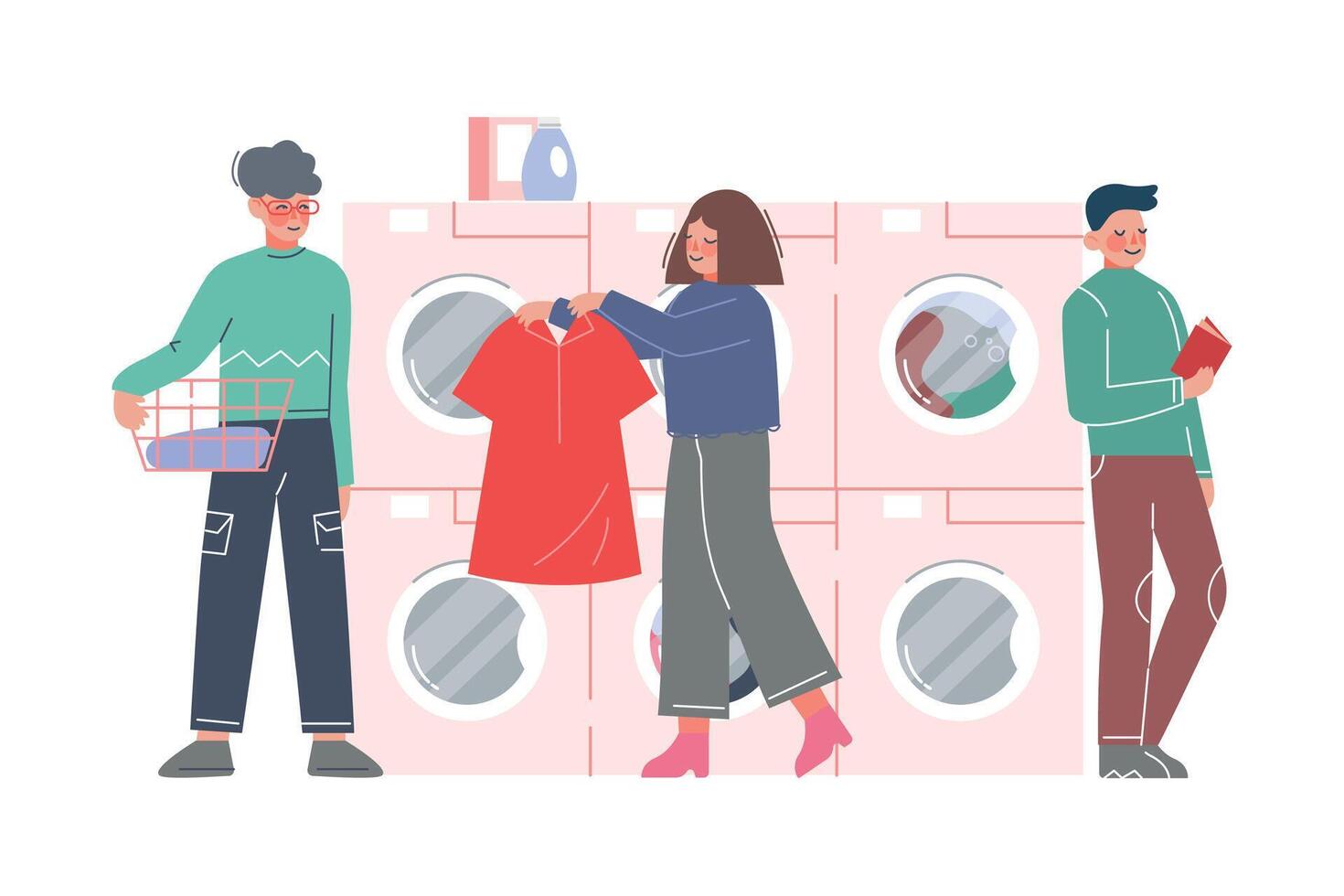 People Doing Laundry at Public Laundrette, Clients Washing and Drying Clothes Flat Style Illustration vector