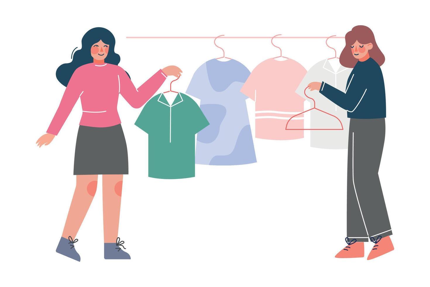 Dry Cleaning Service, Women Holding Hangers with Clean Clothes Flat Style Illustration vector