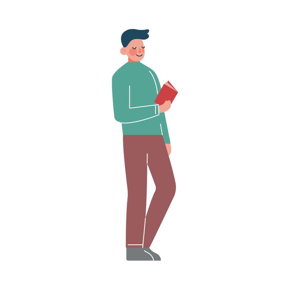 Guy Standing and Reading a Book, Young Man Spending Spare Time by Reading Literature Flat Style Illustration vector