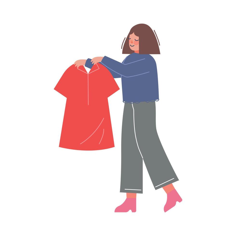 Girl Holding Hanger with Clean Clothes, Flat Style Illustration Isolated on White Background vector