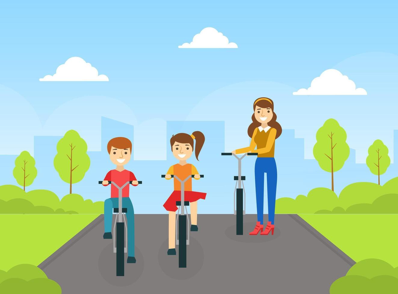 Happy Mom, Son and Daughter Riding Bikes in Park, Sports and Leisure Outdoor Activity Cartoon Illustration vector