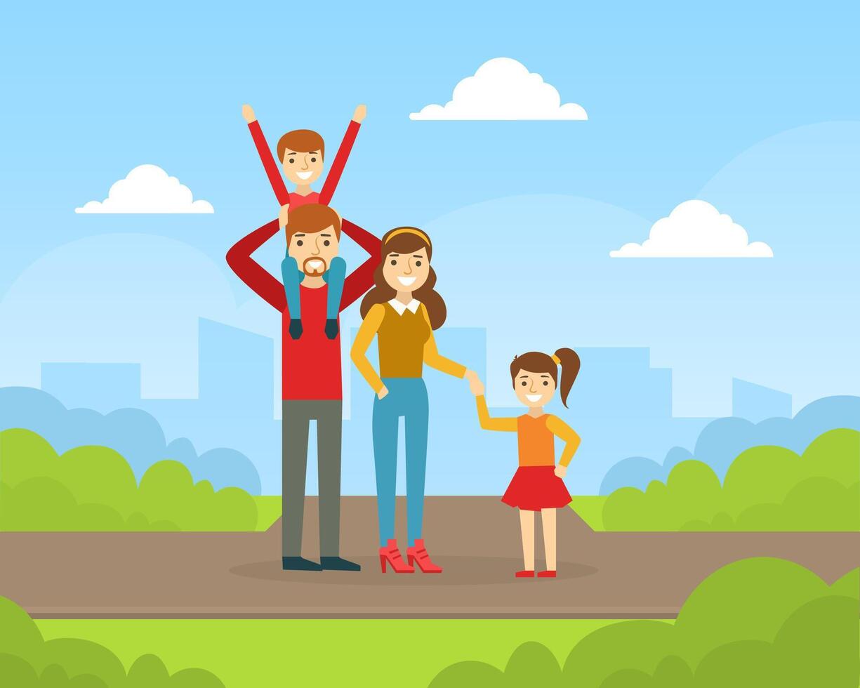 Happy Family Walking and Having Fun Outdoors, Mother, Father, Daughter and Son Spending Time Together in Park Cartoon Illustration vector