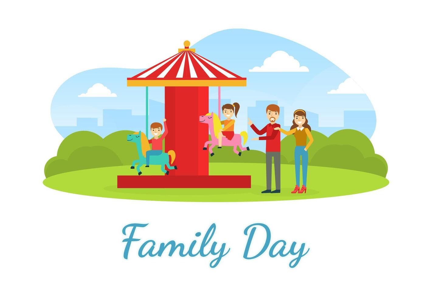 Family Day Landing Banner Template, Happy Parents and Kids Having Fun in Amusement Park Cartoon Illustration vector