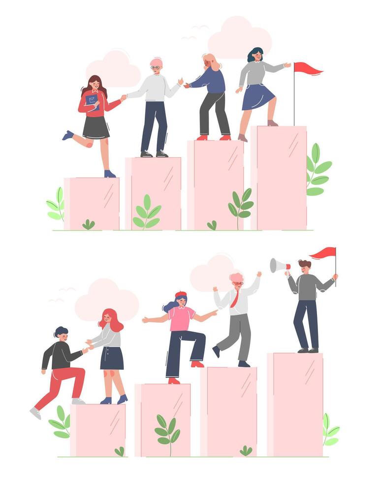 Business People Climbing up to the Goal on Column of Columns Set, Moving up Motivation Business Concept Cartoon Illustration vector