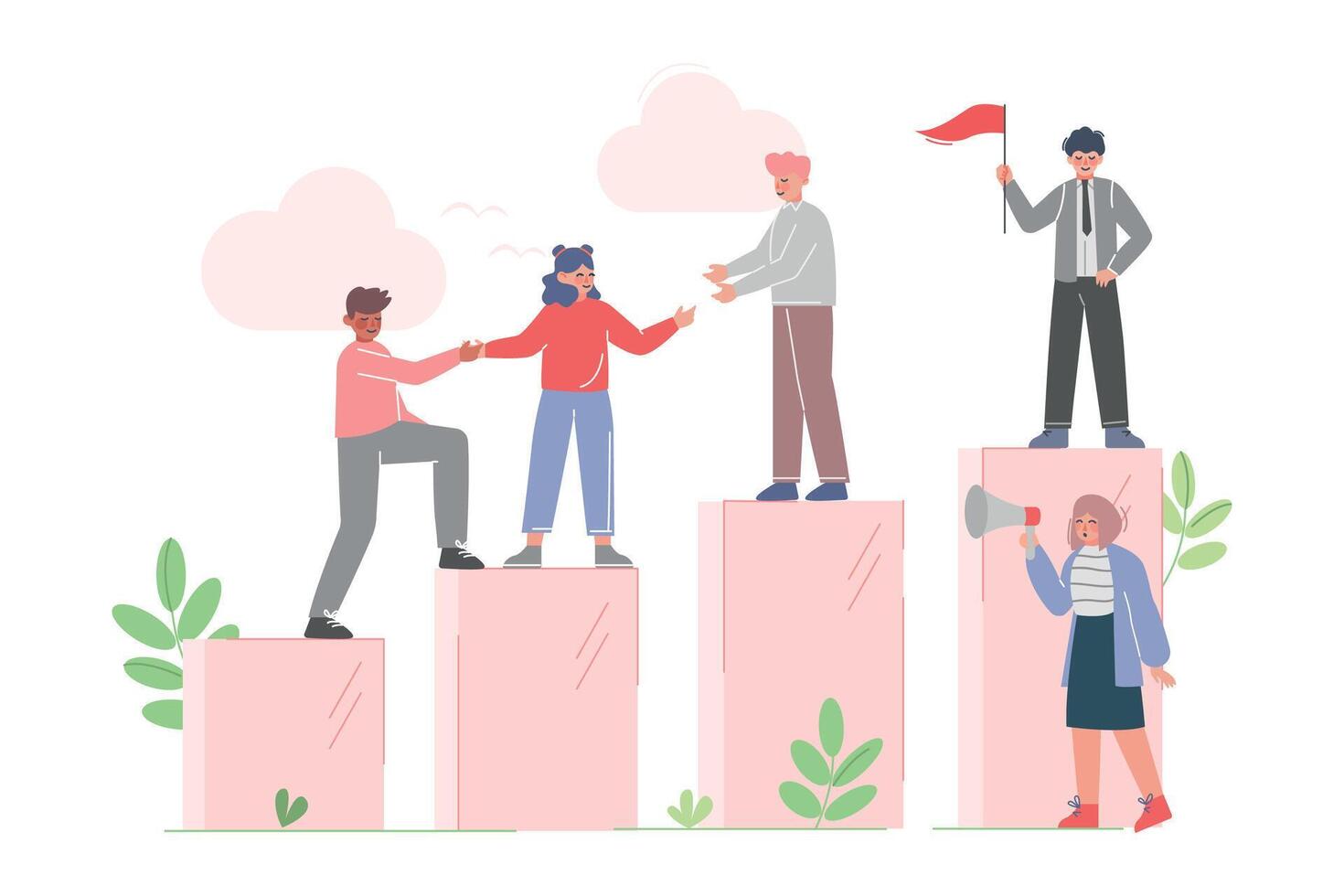 Teamleaders Motivating Collegues to Climb up to the Goal on Column of Columns, Business Leadership Concept Cartoon Illustration vector