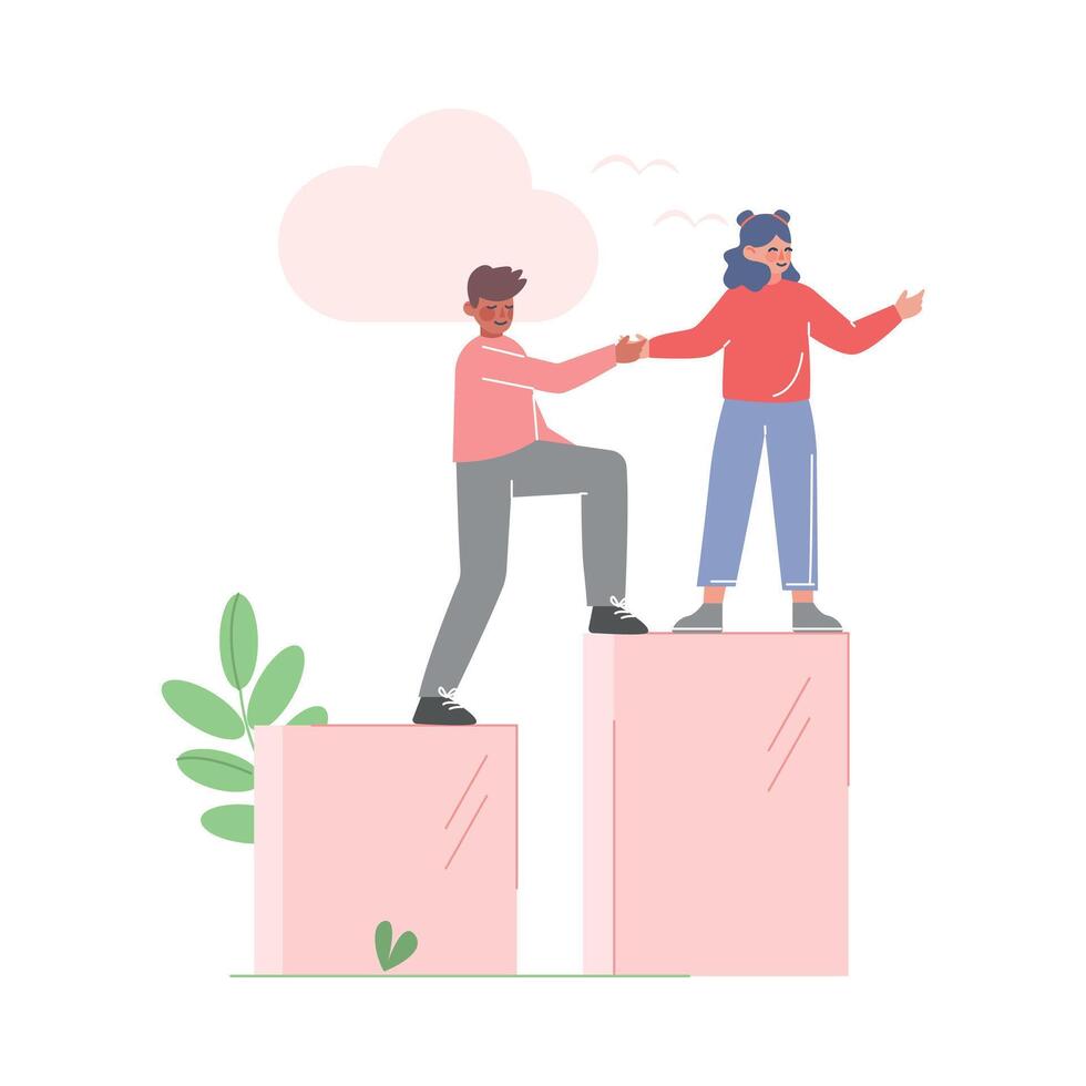 Businesswoman Helping her Male Collegue to Climb up on Column of Columns, Moving up Motivation Business Concept Cartoon Illustration vector