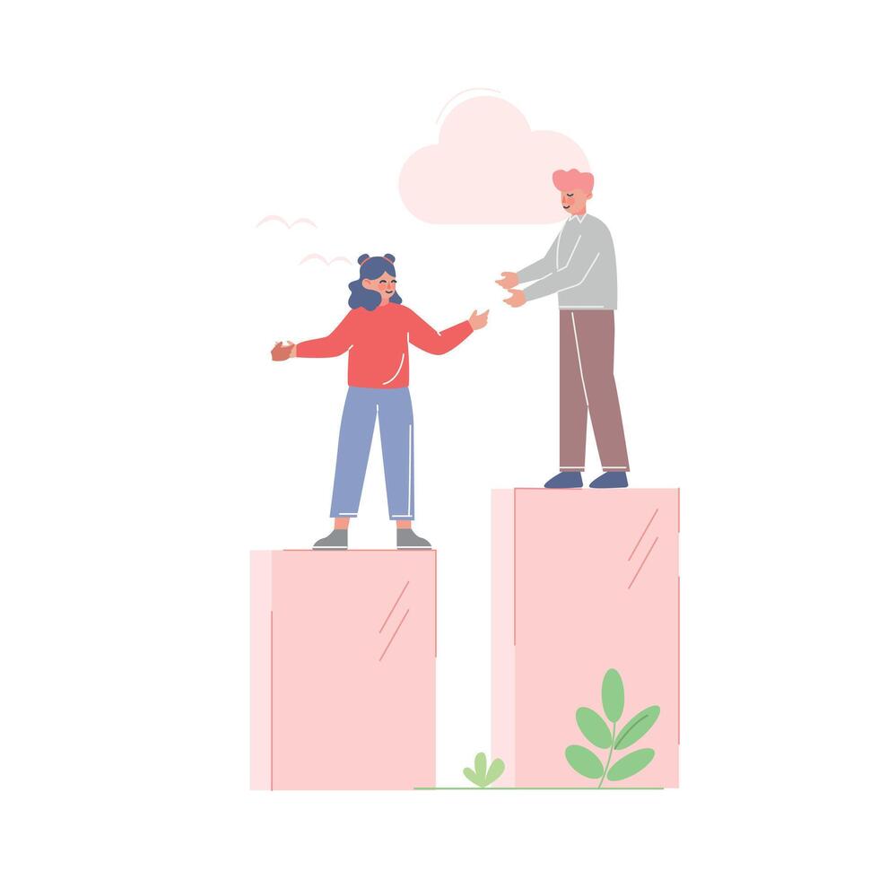 Businessman Helping his Female Collegue to Climb up on Column of Columns, Moving up Motivation Business Concept Cartoon Illustration vector