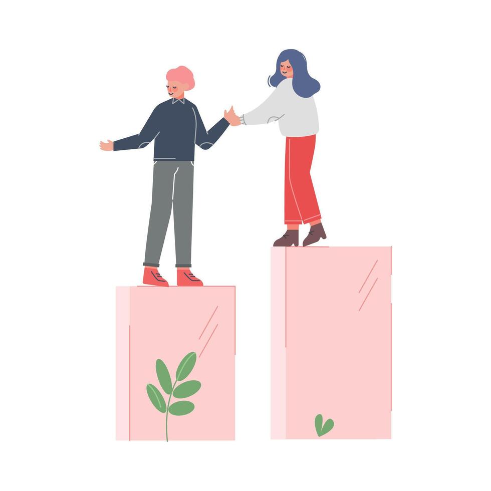 Woman Helping Man to Climb up on Column of Columns, Moving up Motivation, Teamleader Business Concept Cartoon Illustration vector
