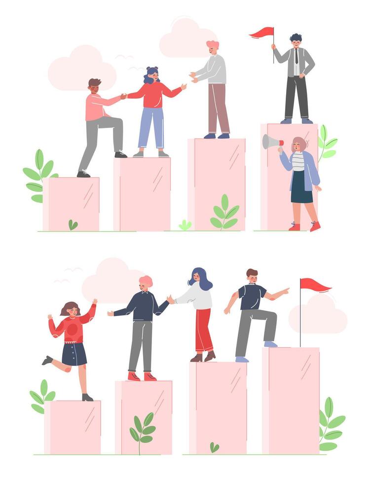 Business People Climbing up to the Goal on Column of Columns Set, Business Leadership, Moving up Motivation Concept Cartoon Illustration vector