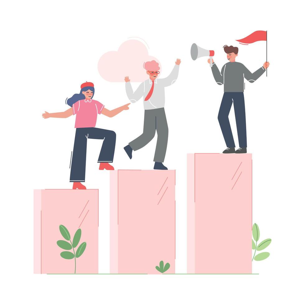 Businessman Teamleader Motivating his Collegues to Climb up to the Goal on Column of Columns, Moving up Motivation Business Concept Cartoon Illustration vector