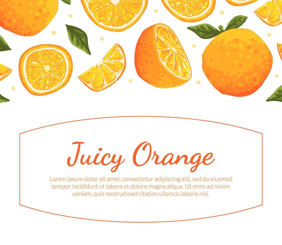 Juicy Orange Banner Template, Fresh Whole and Cut Ripe Citrus Fruits Illustration vector