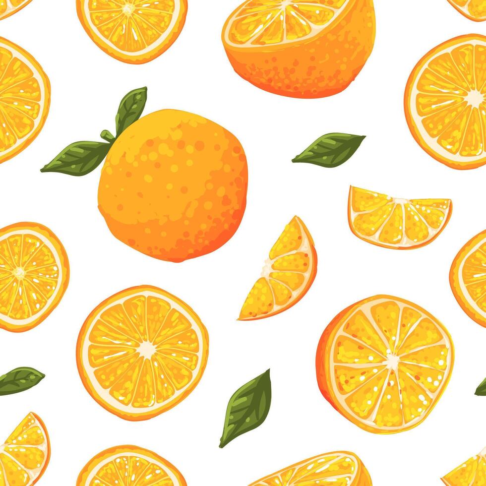 Juicy Ripe Oranges Seamless Pattern, Freshly Harvested Whole and Half Fruits Endless Repeating Print for Fabric, Wrapping Paper Design Illustration vector