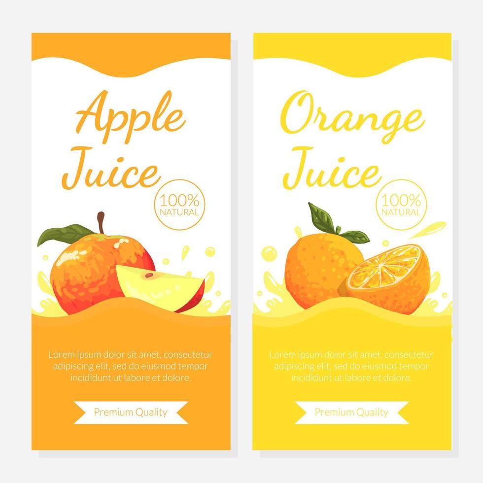 Orange Apple Juice Label Templates Set, Paper Box Packaging, Cover Design with Fresh Ripe Fruit Illustration vector