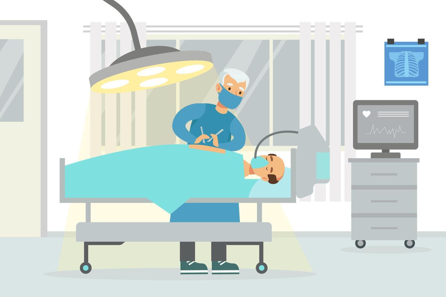 Surgeon Operating Male Patient on Table Under Glowing Lamp, Medical Hospital Surgery Operation Room Interior Cartoon Illustration vector