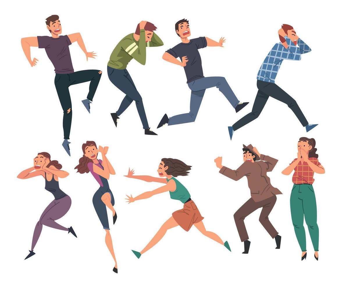 People Afraid of Something Set, Men and Women , Scared, Terrified, Shocked Men and Women with Fear Expression on their Faces Cartoon Style Illustration vector