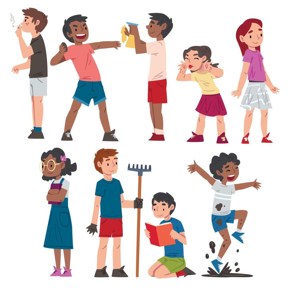 Good and Bad Child Behavior Set, Naughty and Obedient Children, Cute Kids Playing Peacefully and Fighting Cartoon Style Illustration vector