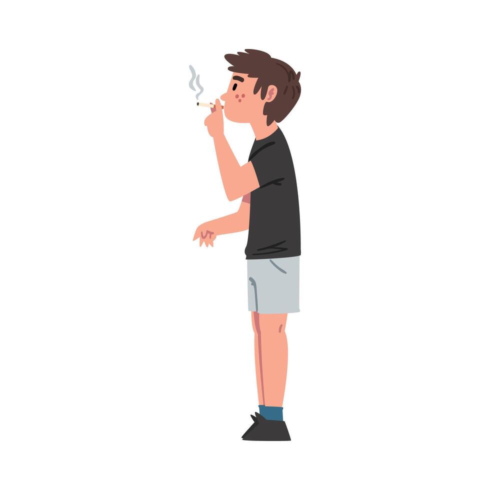 Boy Smoking Cigarette, Bad Child Behavior Cartoon Style Illustration on White Background vector