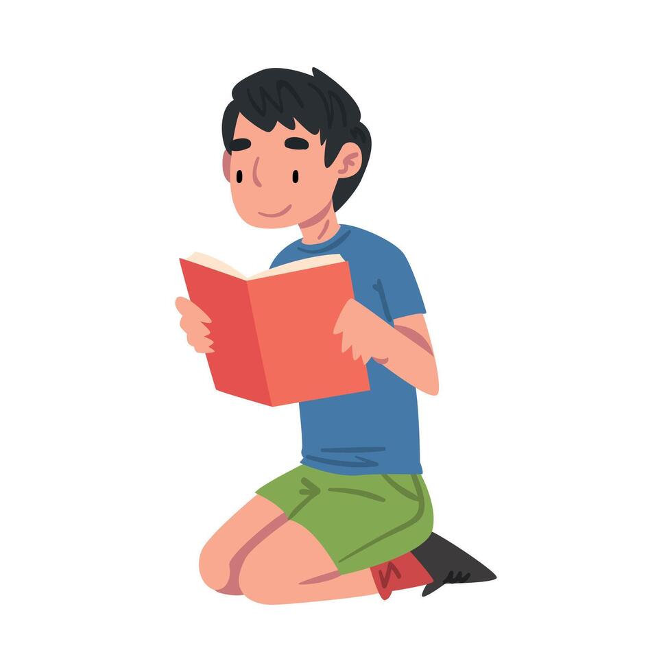 Boy Reading Book Sitting on the Floor on his Knees Cartoon Style Illustration on White Background vector