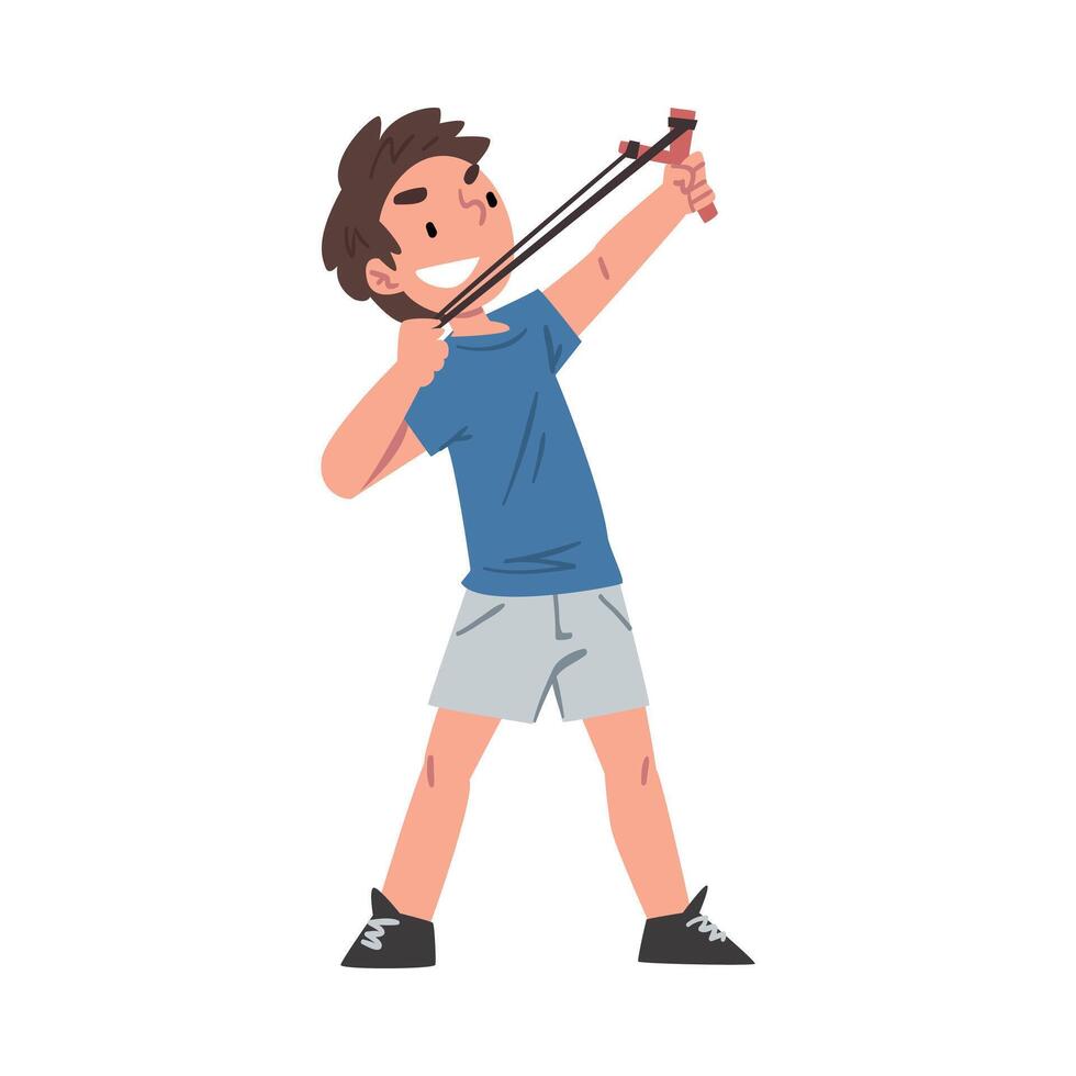 Boy Shooting a Slingshot, Bad Child Behavior Cartoon Style Illustration on White Background vector