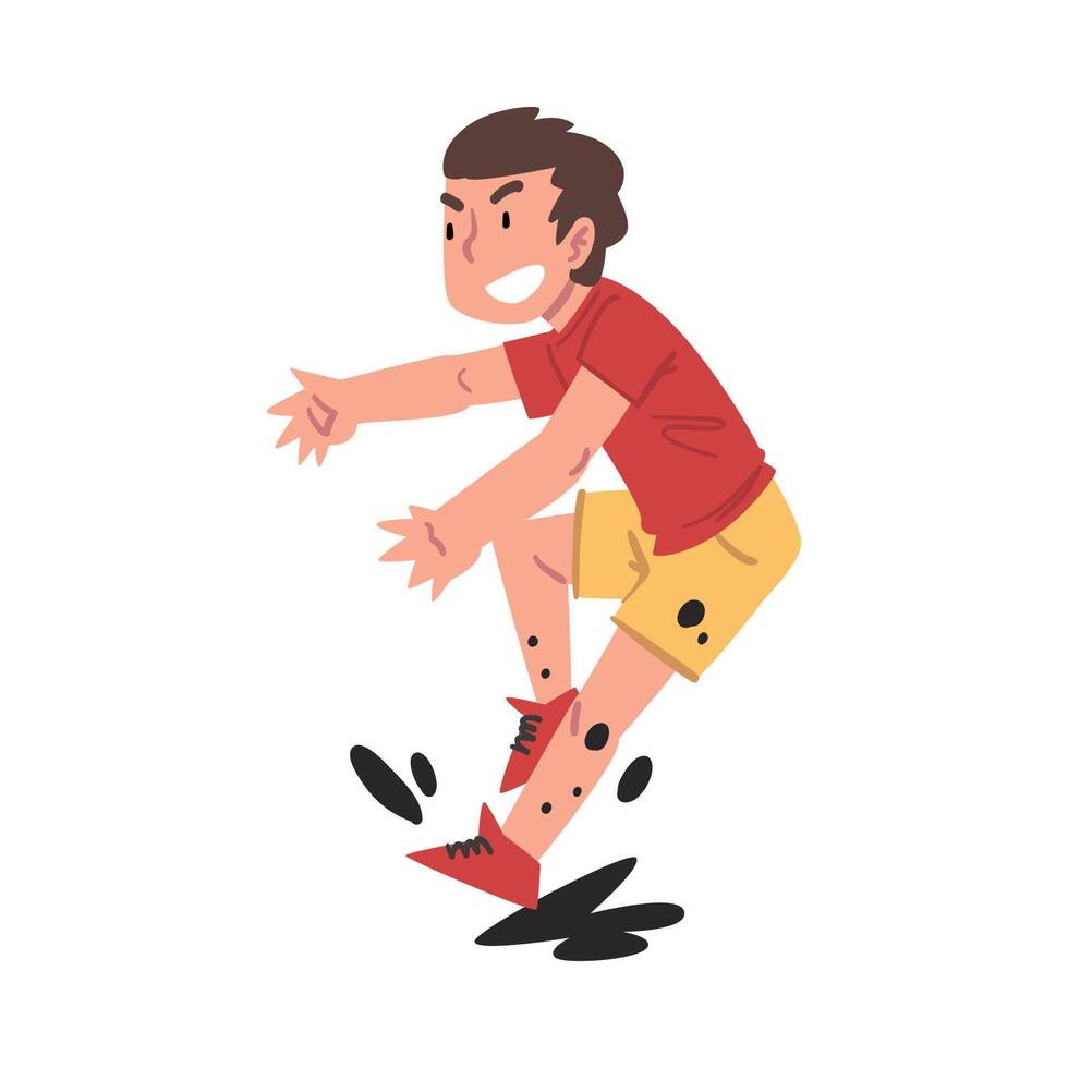 Boy Jumping in the Mud, Bad Child Behavior Cartoon Style Illustration on White Background. vector