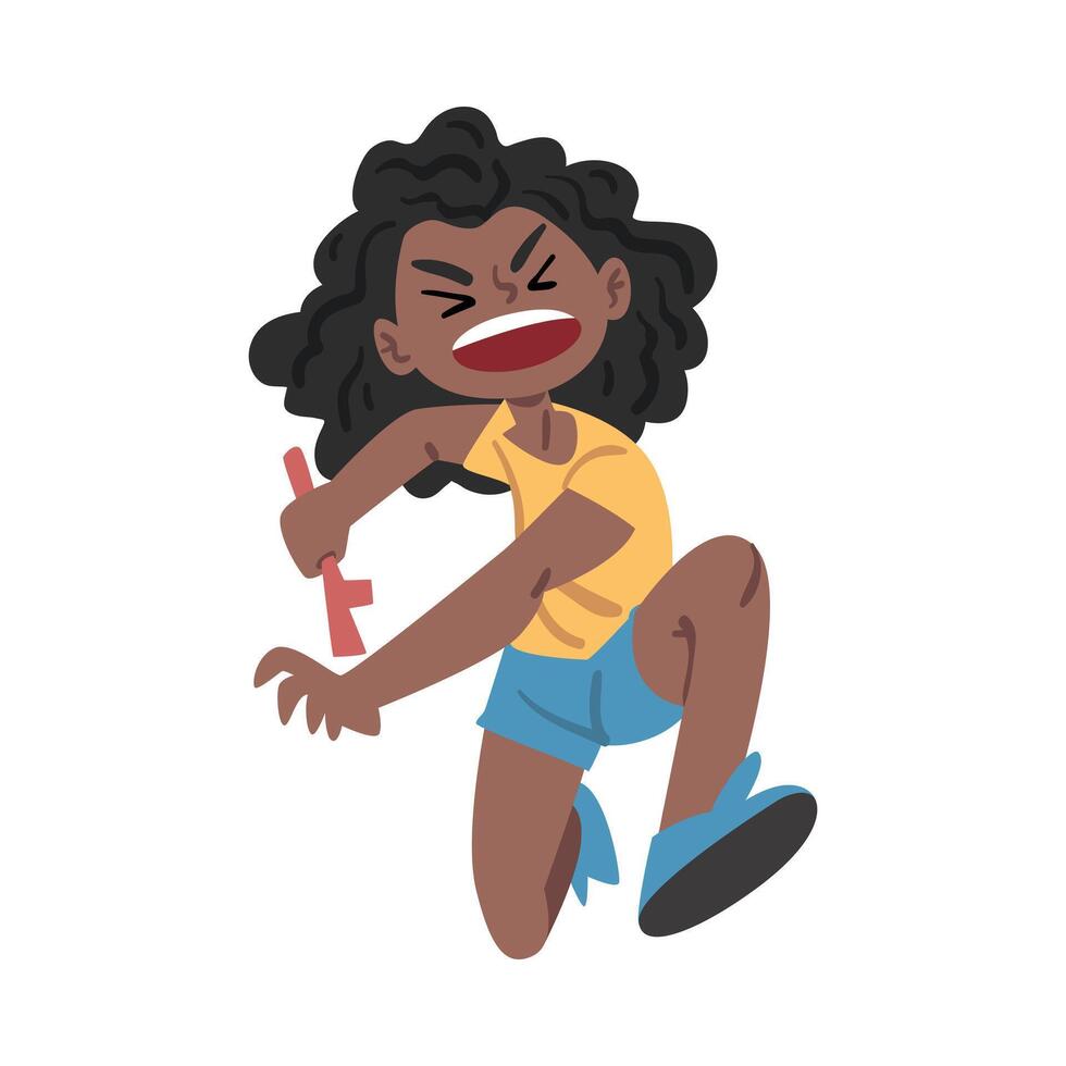 Aggressive African American Girl, Bad Child Behavior Cartoon Style Illustration on White Background vector
