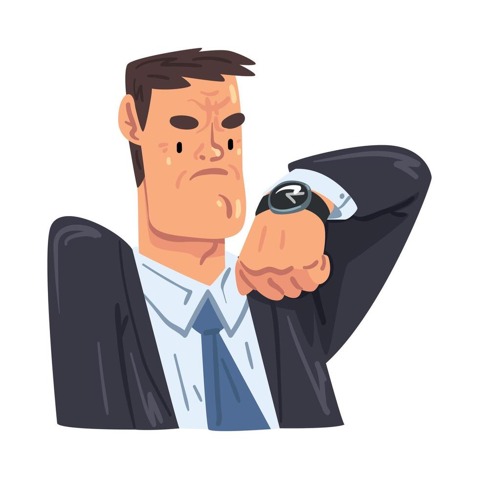 Busy Businessman Looking at Wristwatch, Office Worker Character in Formal Style Clothes, Business Avatar Cartoon Style Illustration vector