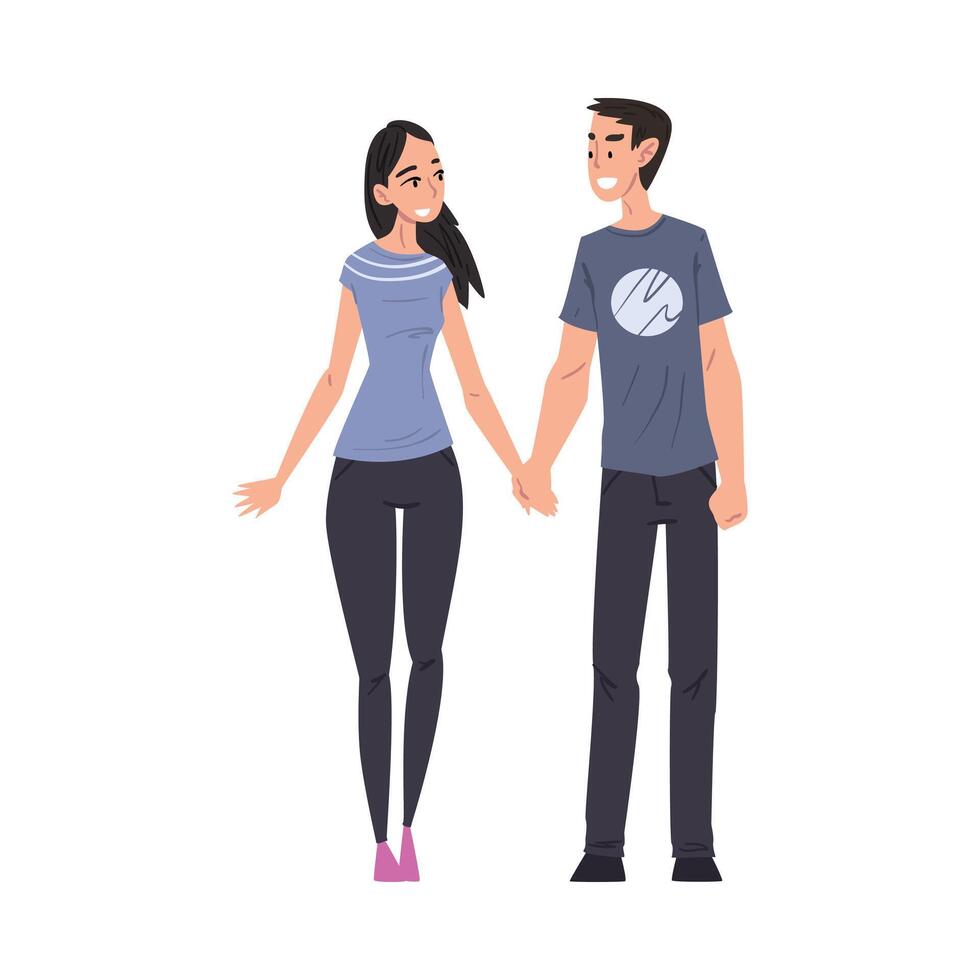 Happy Smiling Young Man and Woman Walking Holding Hands, Romantic Couple in Love Cartoon Style Illustration vector