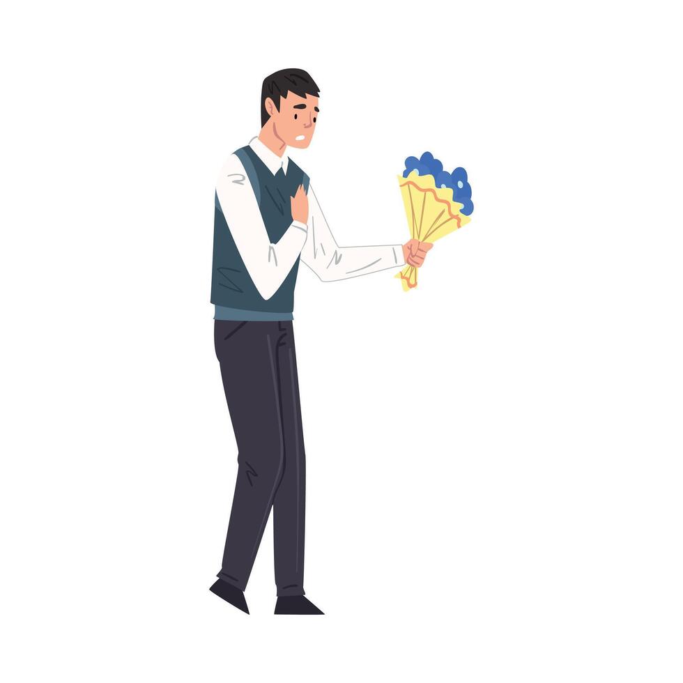 Happy Romantic Young Man Giving Bouquet of Flowers Cartoon Style Illustration vector