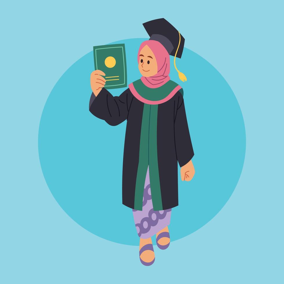 A newly graduated woman in a hijab proudly displays her diploma vector