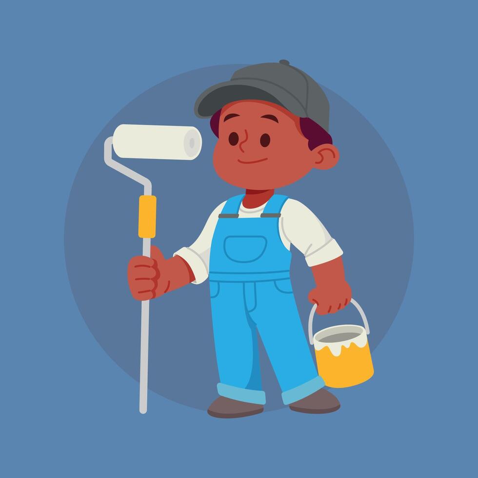 A young painter stands proudly holding a paint roller and a bucket of paint vector