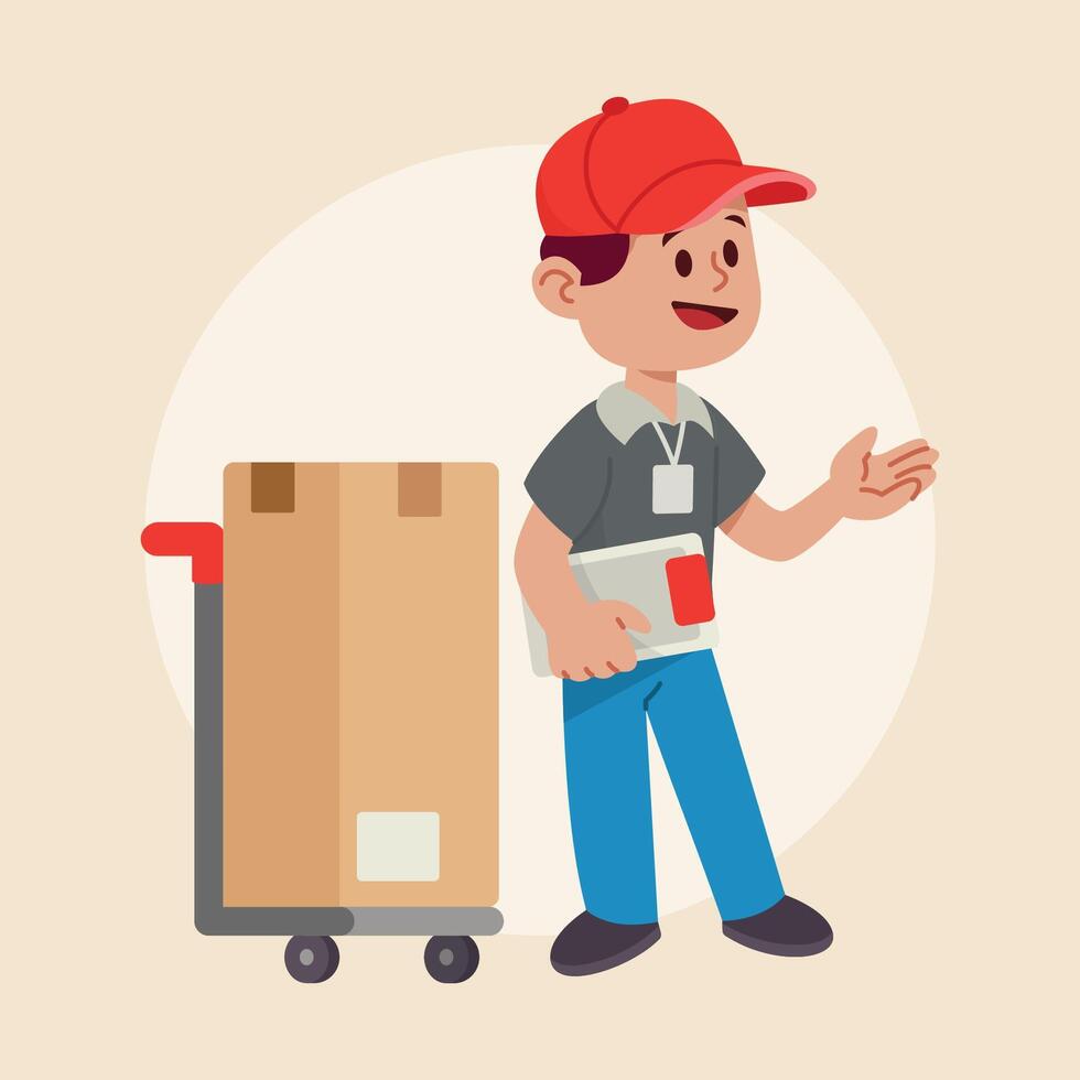 A delivery person cheerfully awaits your signature vector