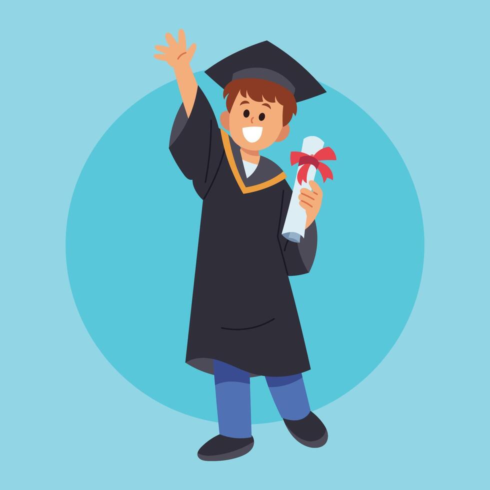 A happy graduate waves goodbye diploma in hand vector