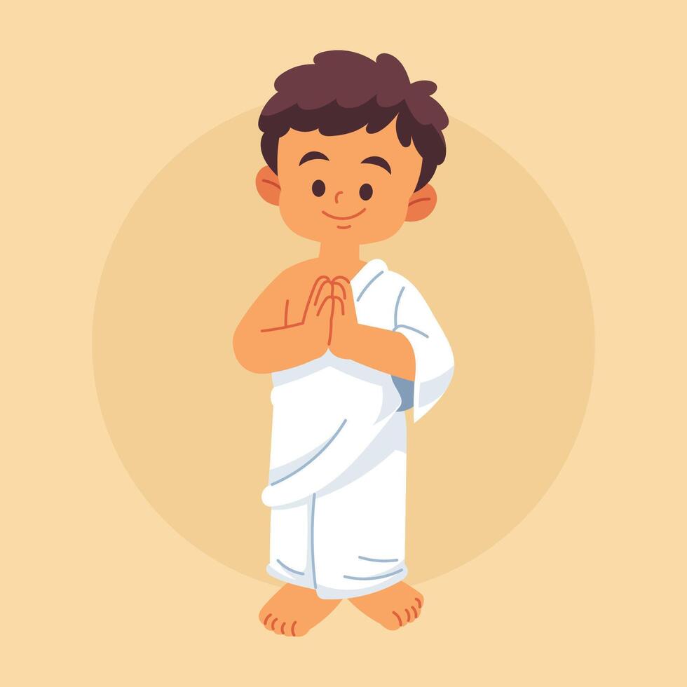 A young boy in Ihram standing with hands pressed together in prayer vector