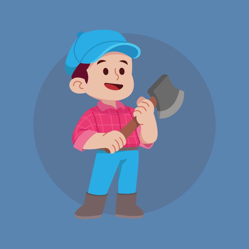 A cheerful young lumberjack proudly holds his axe vector