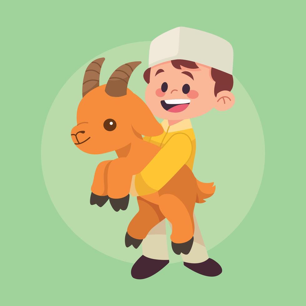 A happy young boy in a white cap proudly carries a small orange goat vector