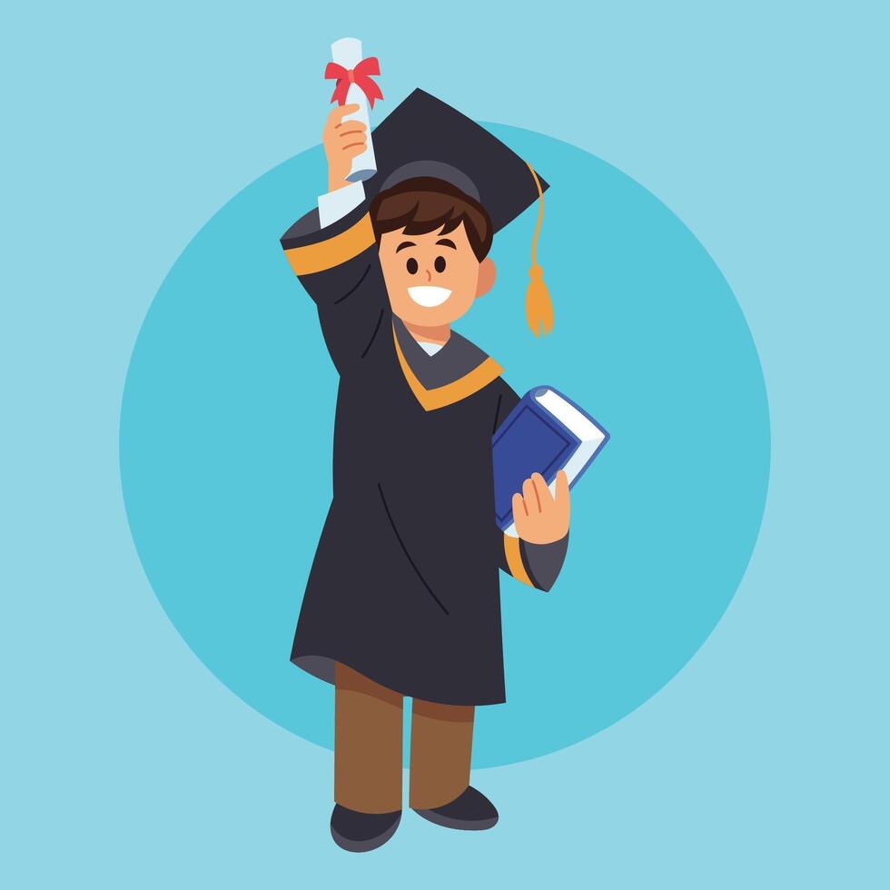 A happy graduate holds their diploma and a book celebrating their academic achievement vector