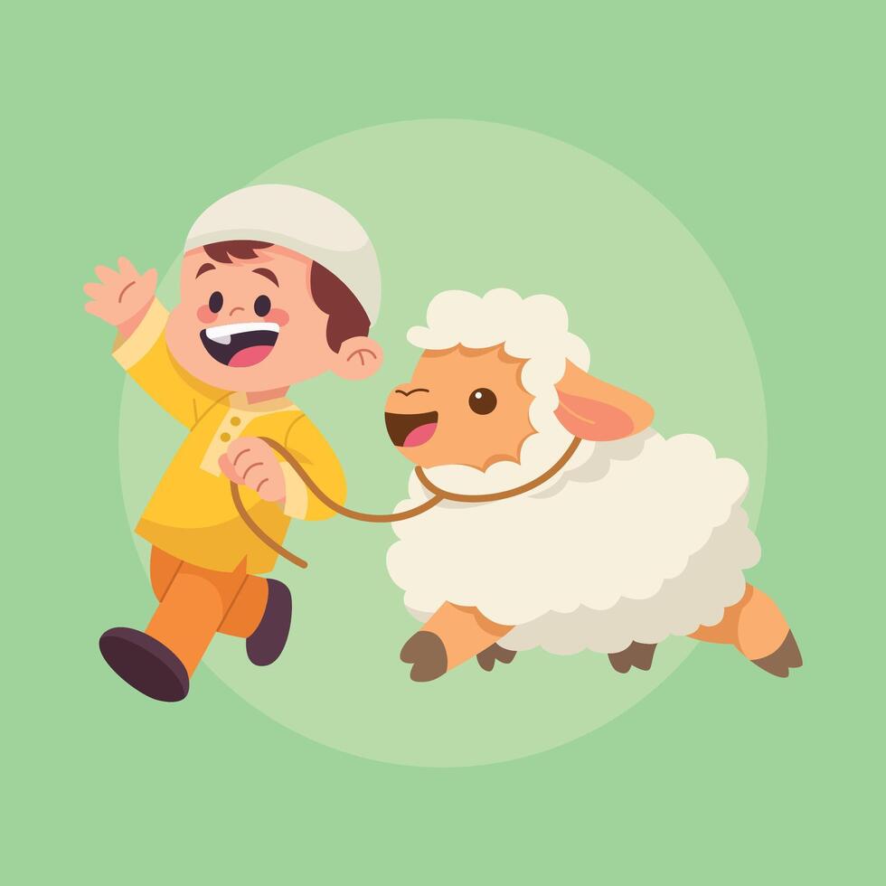 A joyful young boy happily leads a fluffy lamb on a string vector
